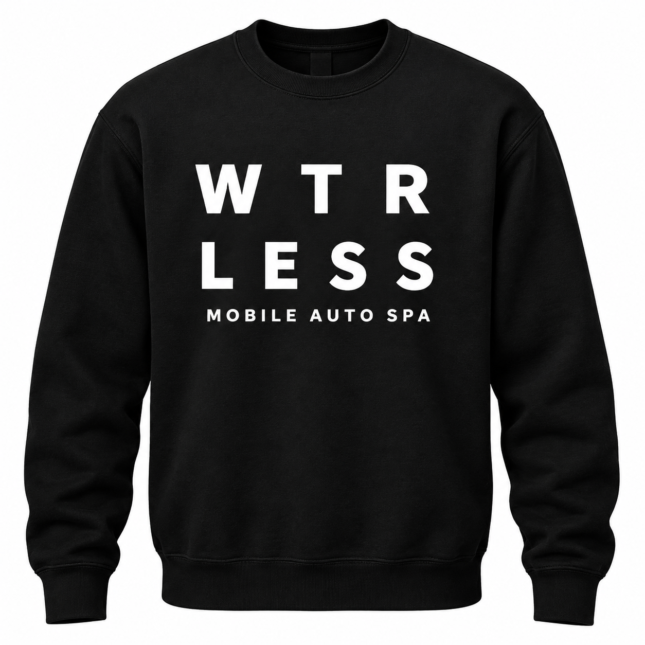 Black WTR LESS crewneck with white Mobile Auto Spa logo